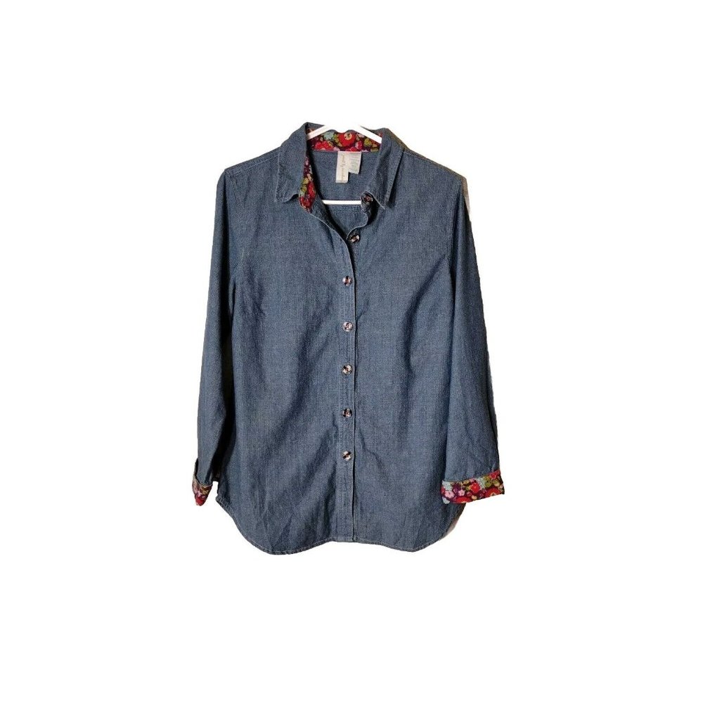 Paint By Numbers Top Womens Small Button Up Chambray Checkerboard Buttons